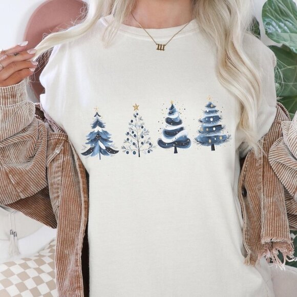 Gildan Other - Christmas Fir Trees Sweet Blue T-Shirt, Christmas Trees Watercolor T-Shirt